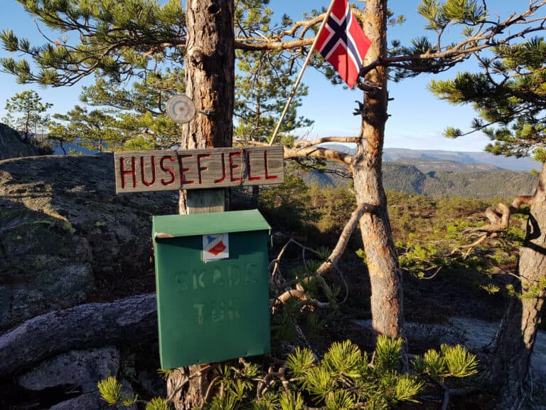 Husefjell postkasse og norsk flagg, Telemark