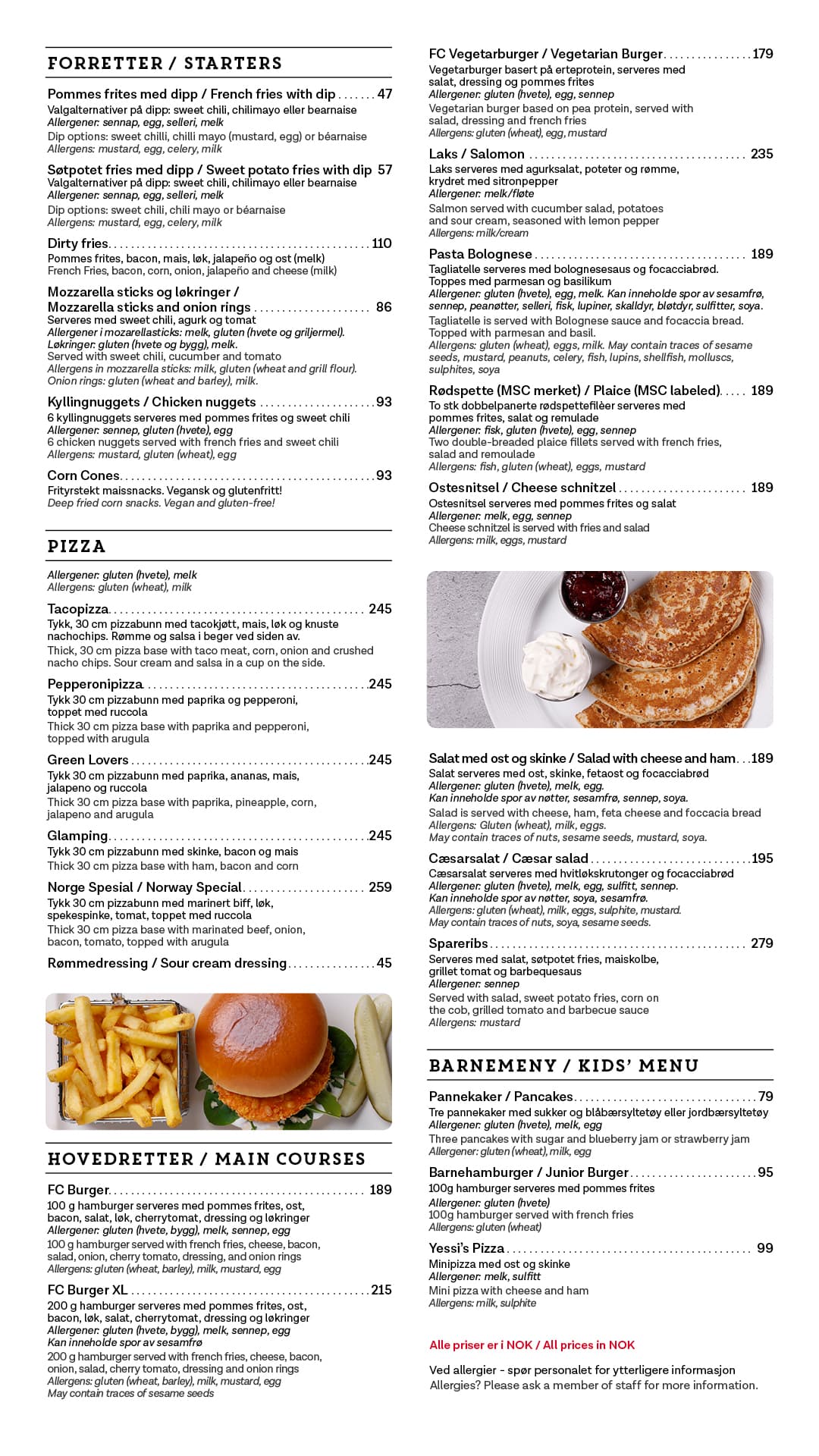 Meny Bistro, forretter, pizza, hovedertter og barnemeny