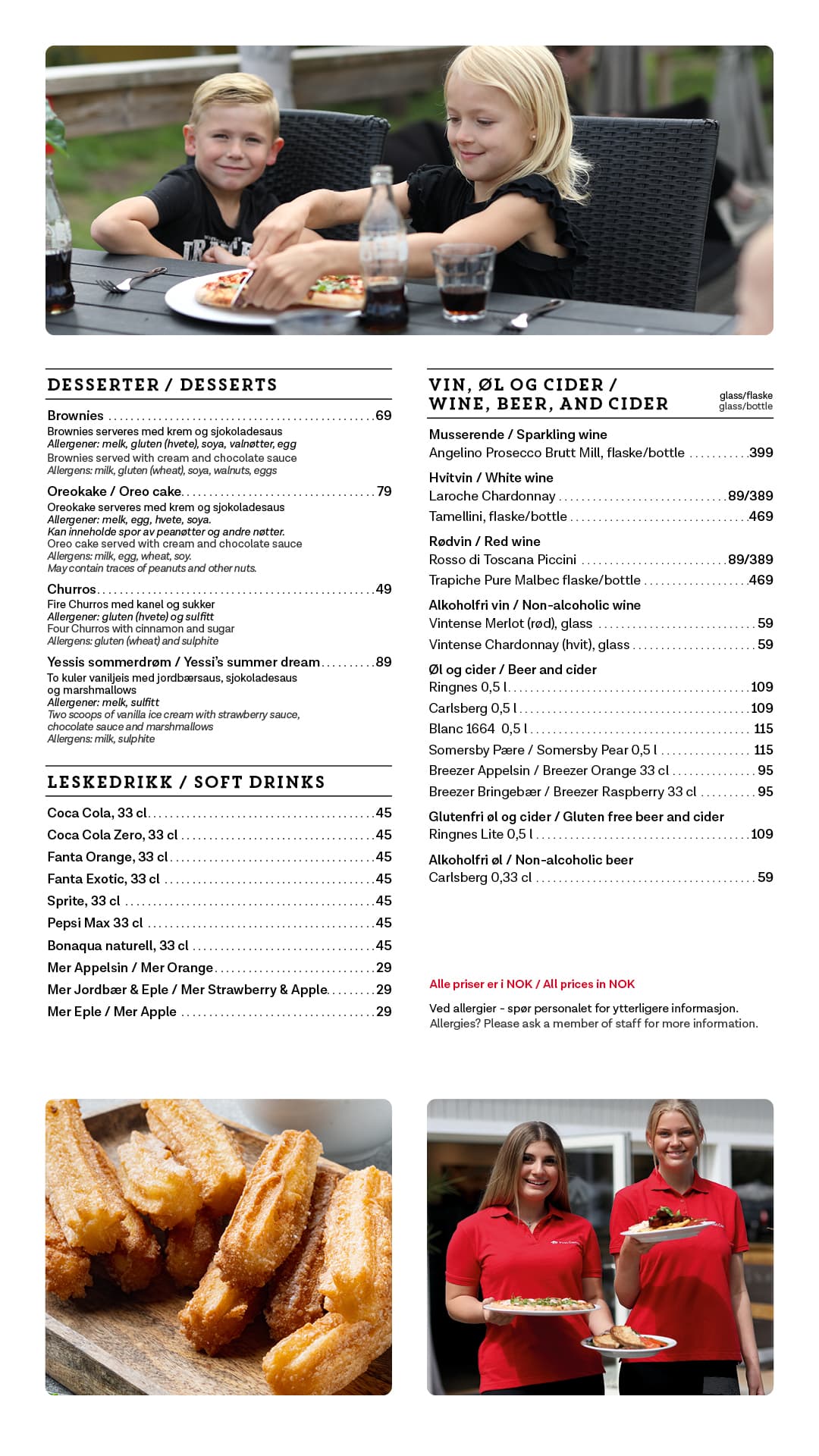 Bistro meny, desserter, leskedrikk og øl og vin meny