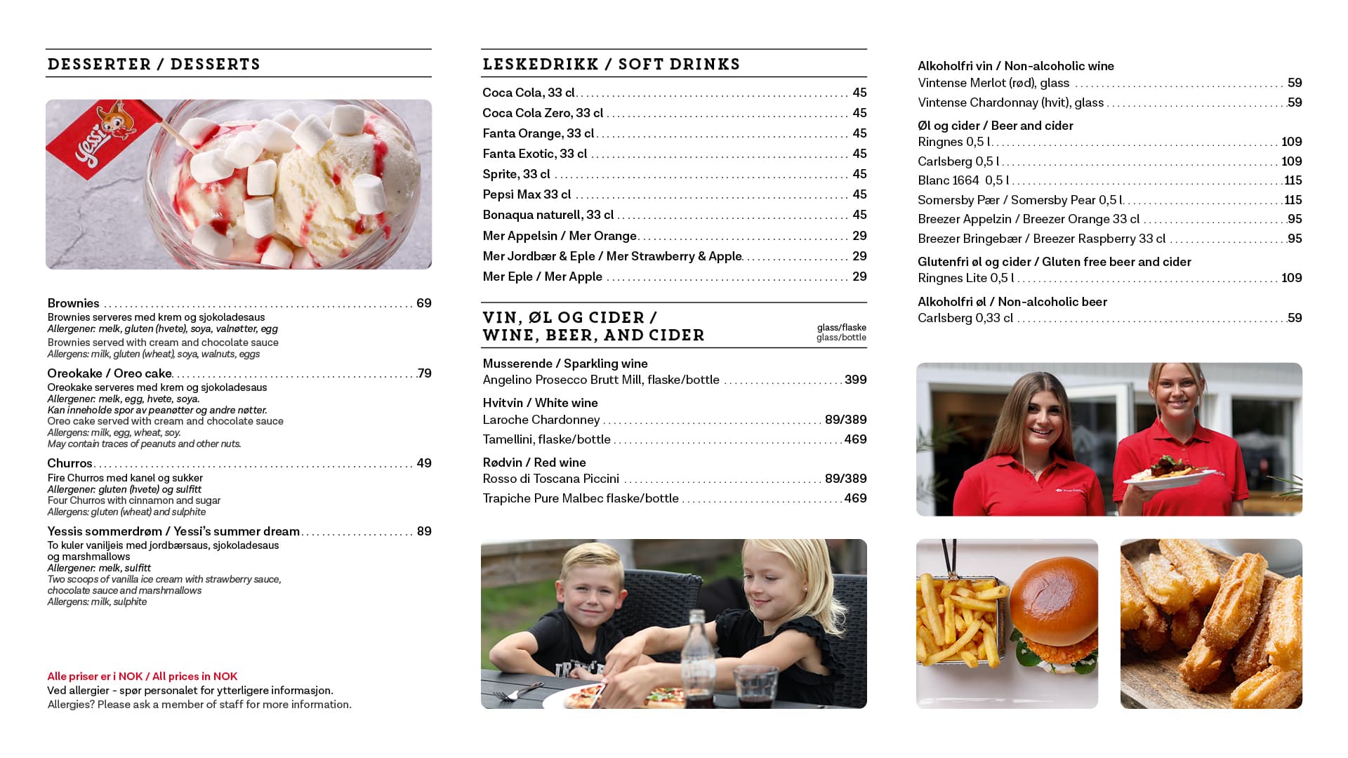 Bistro meny, leskedrikk, og andre drikker